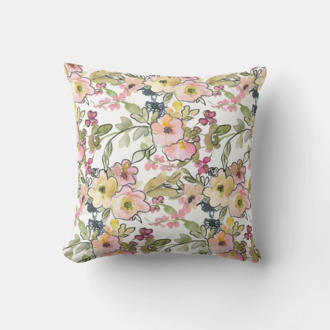 Watercolor Florals Doodle Throw Pillow (Front)