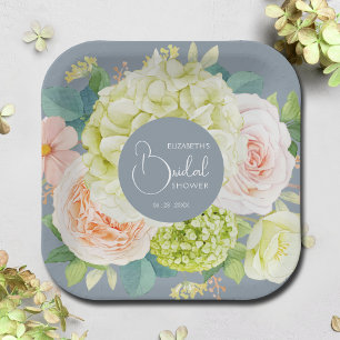 Watercolor Florals Dusty Blue Bridal Shower Paper Plate