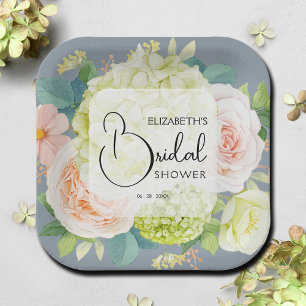 Watercolor Florals Dusty Blue Bridal Shower Paper Plate