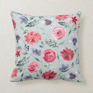 Watercolor Florals in greenery on mint Cushion