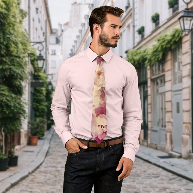 Watercolor Florals Maroon Personalise Initial Tie (Creator Uploaded)