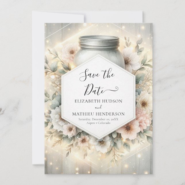  Watercolor Florals Mason Jar Wedding Save The Date (Front)