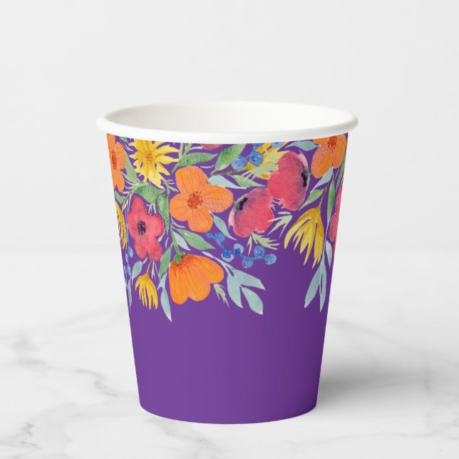 Watercolor Florals on Purple Paper Cups (Front)