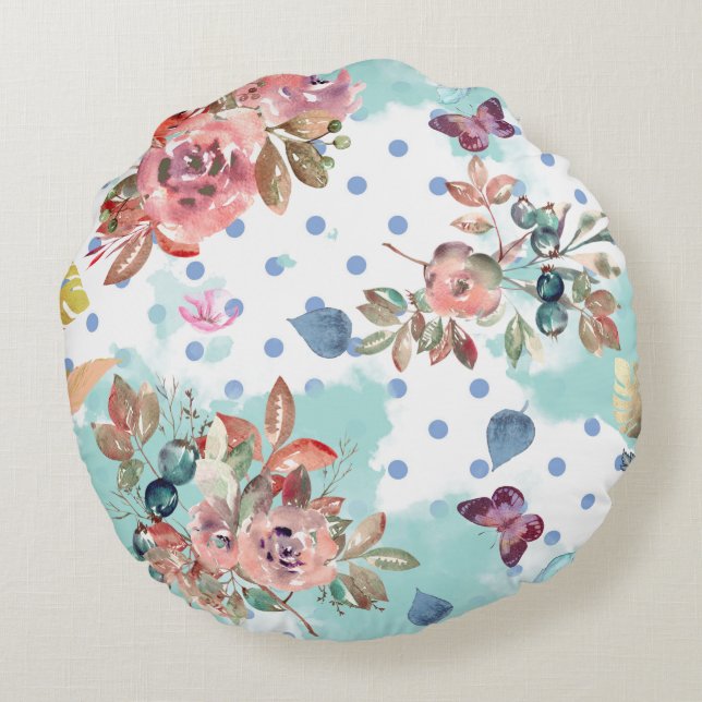Watercolor Florals on White Round Cushion (Back)