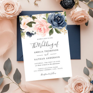 Watercolor Florals Peach Navy Wedding  Invitation 