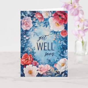 Watercolor Florals Pink Blue GET WELL SOON CUSTOM  Card