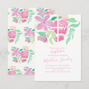 Watercolor Florals Pink Hand Painted Baptism Invitation