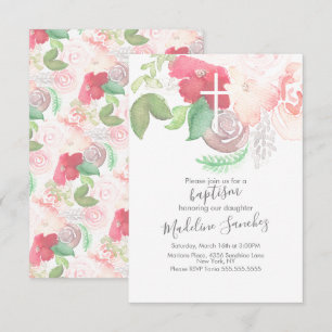 Watercolor Florals Pink Hand Painted Baptism Invitation