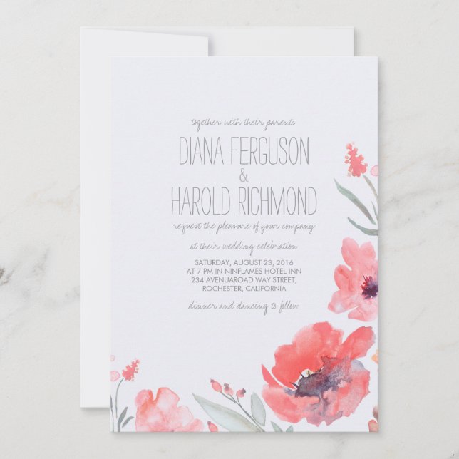 Watercolor Florals Pink Wreath Wedding Invites (Front)