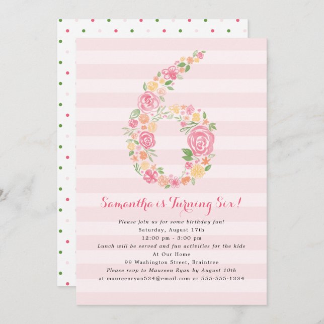 Watercolor Florals SIX 6th Birthday Invitation (Front/Back)