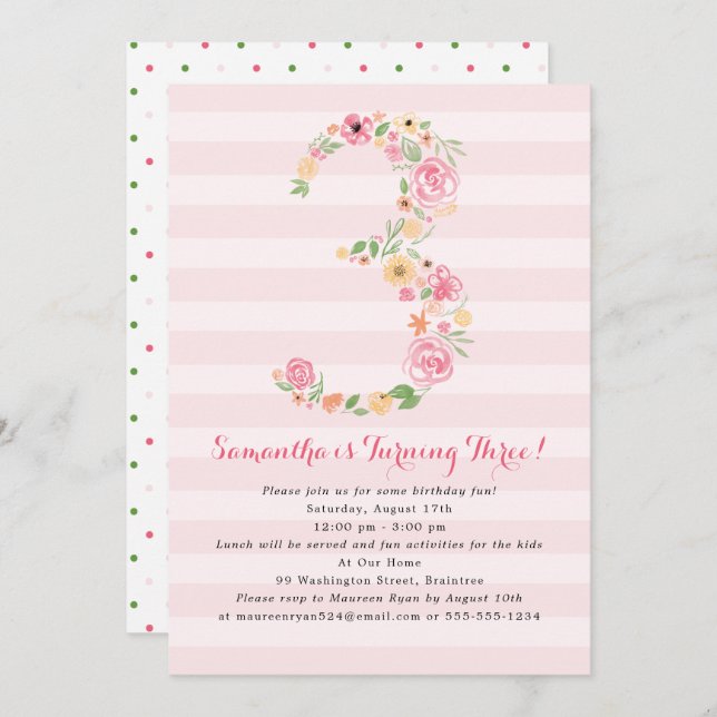 Watercolor Florals THREE 3rd Birthday Invitation (Front/Back)