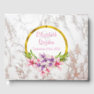 Watercolor Florals, White Marble Texture Wedding Guest Book
