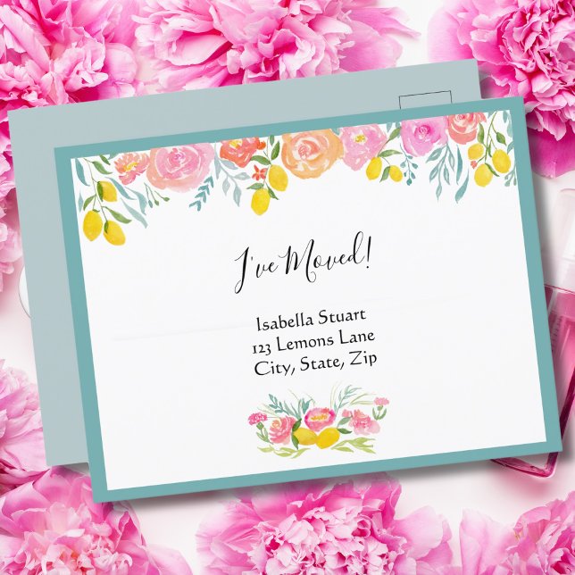 Watercolor Florals With Lemons I've Moved  Announcement Postcard (Creator Uploaded)