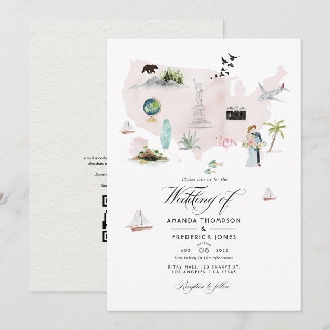 Watercolor Florida USA Destination QR Code Wedding Invitation (Front/Back)