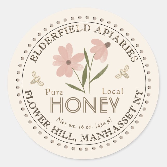 Watercolor Flower and Bees Pure Local Honey Label  (Front)
