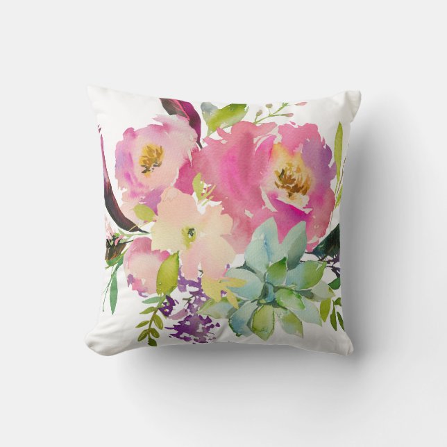 Watercolor Flower and Succulent Cushion (Front)