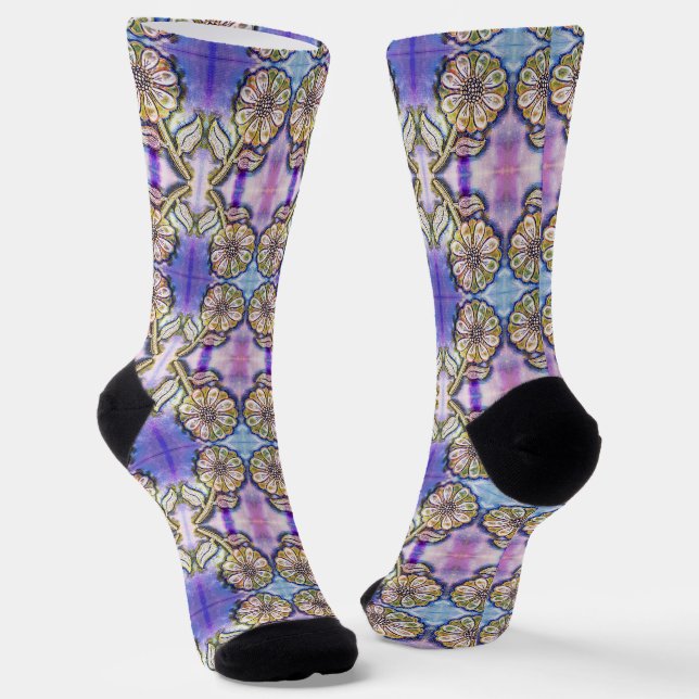 Watercolor flower art on blue socks (Angled)
