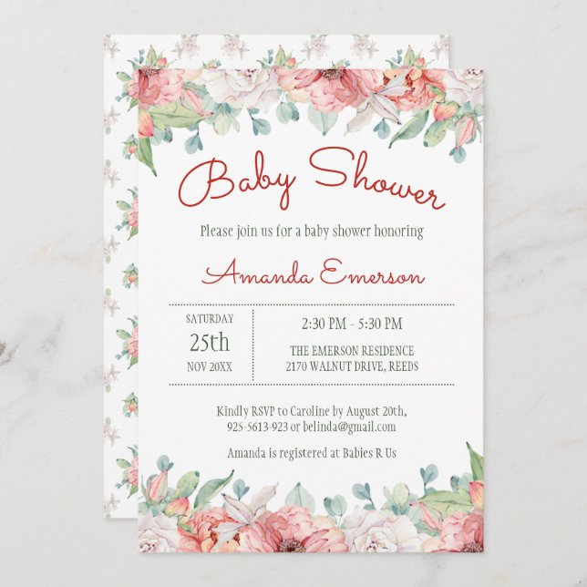 Watercolor Flower Baby Shower Invitations (Front/Back)