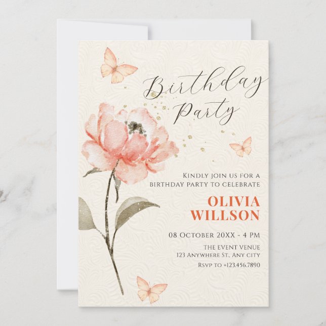 Watercolor flower bloom aesthetic birthday invitation (Front)