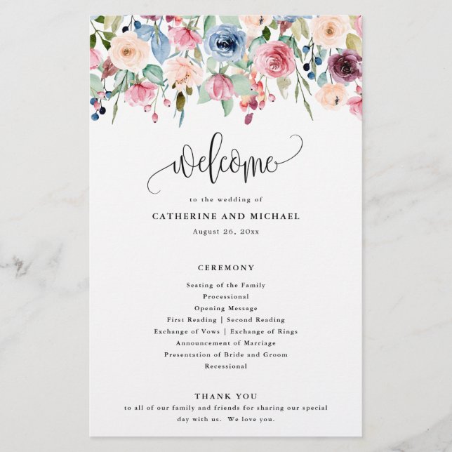 Watercolor Flower Blooms Border, Paper Program (Front)