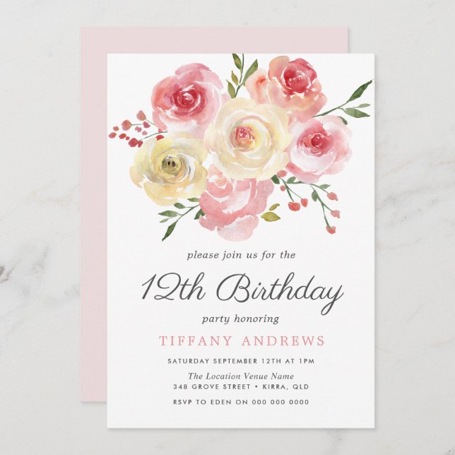 Watercolor Flower Blush Pink 12th Birthday Invite (Front/Back)