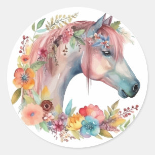 Watercolor Flower Boho Horse Pastel Classic Round Sticker