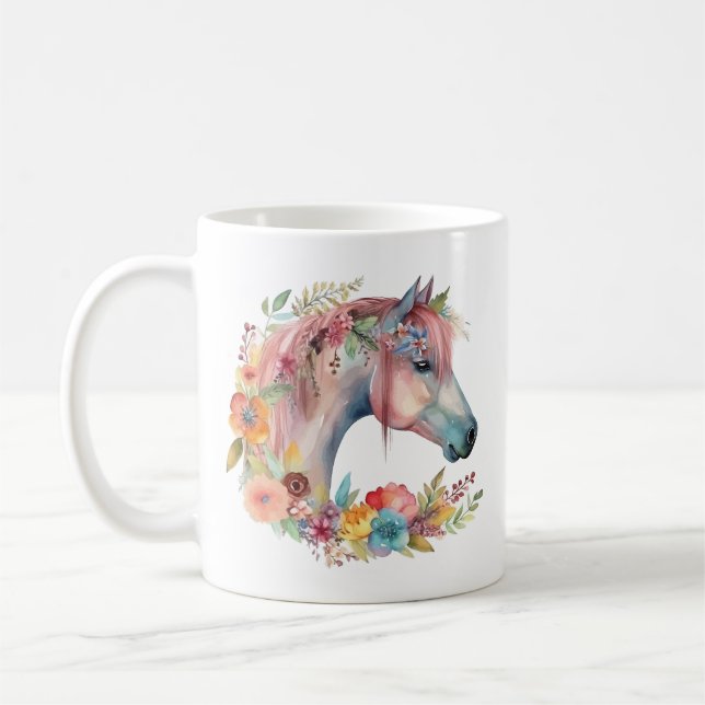 Watercolor Flower Boho Horse Pastel Coffee Mug (Left)