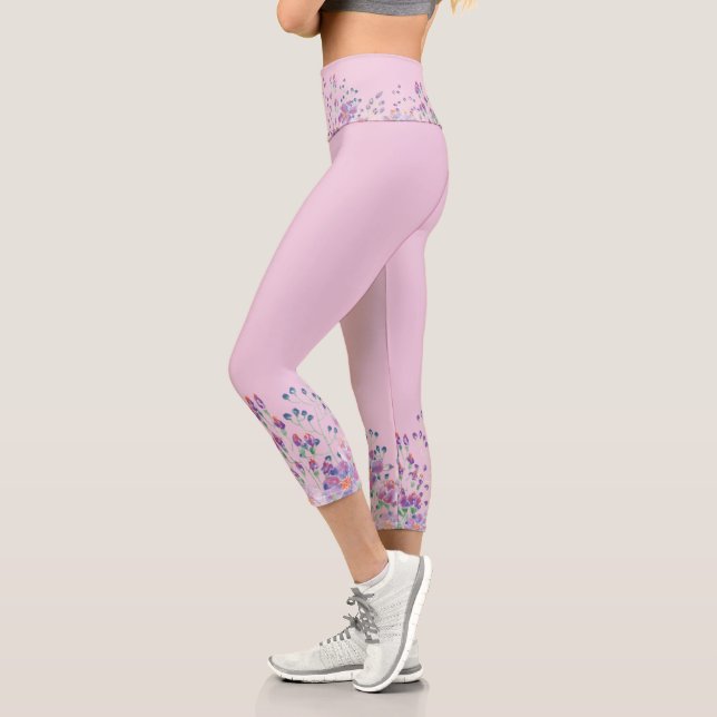 Watercolor Flower Border On Pink Capri Leggings (Left)