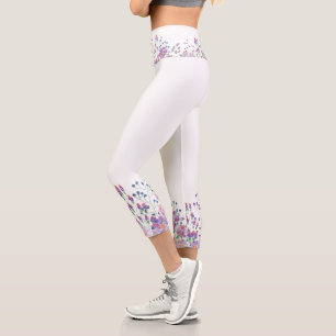 Watercolor Flower Border On White Capri Leggings
