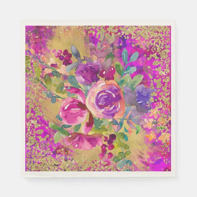 Watercolor Flower Bouquet on Pink Glitter Napkin (Front)