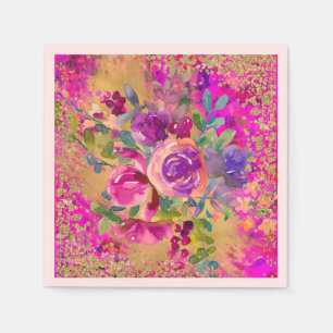 Watercolor Flower Bouquet on Pink Glitter Napkin