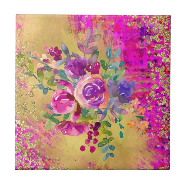 Watercolor Flower Bouquet on Raspberry Pink Ceramic Tile (Front)