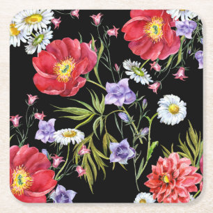 Watercolor Flower Bouquet: Seamless Pattern Square Paper Coaster