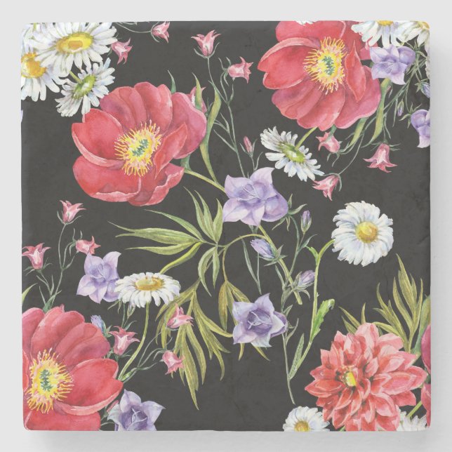 Watercolor Flower Bouquet: Seamless Pattern Stone Coaster (Front)