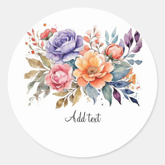 Watercolor Flower Bouquet TEMPLATE,  Classic Round Sticker (Front)