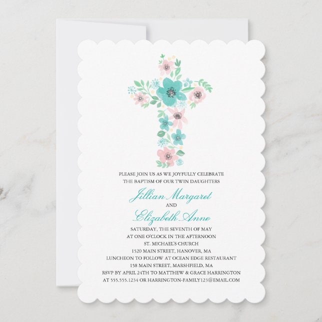 Watercolor Flower Cross BAPTISM Invitation (Front)