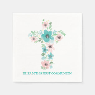 Watercolor Flower Cross First Holy Communion Napkin