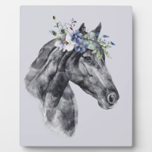 Watercolor Flower Crown Black Horse Portrait Plaque