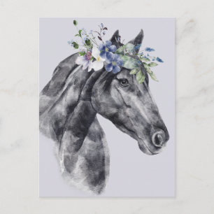 Watercolor Flower Crown Black Horse Portrait Postcard