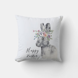 Watercolor Flower Crown Easter Bunny Cushion