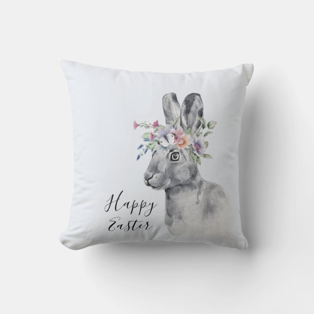 Watercolor Flower Crown Easter Bunny Cushion (Front)