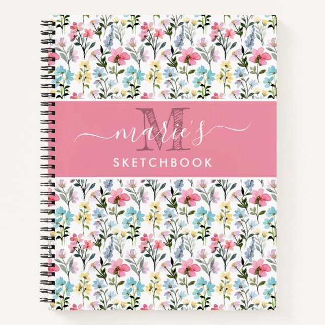 Watercolor Flower Custom Monogram Name Notebook (Front)