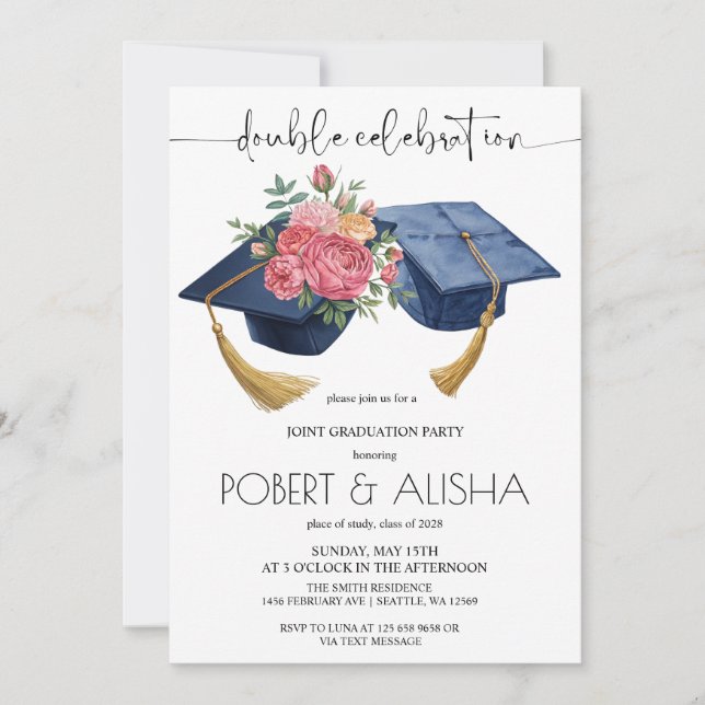 Watercolor Flower Double Graduation Party Invitation (Front)