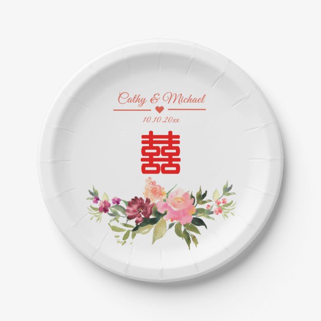 Watercolor flower double happiness chinese wedding paper plate (Front)