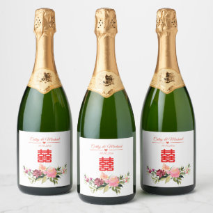 Watercolor flower double happiness chinese wedding sparkling wine label