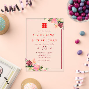 Watercolor flower double happiness wedding acrylic invitations