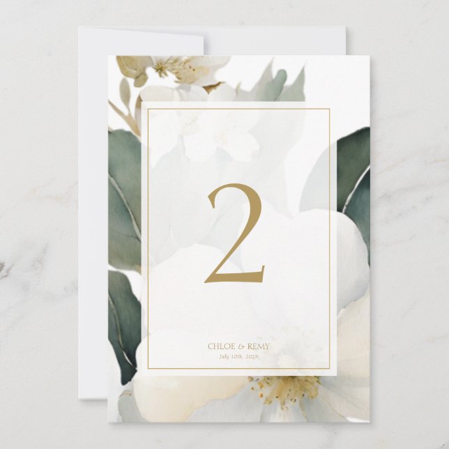 Watercolor Flower & Foliage Wedding Table Number (Front)