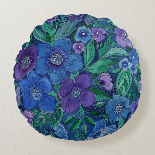 Watercolor, flower garden round cushion (Front)