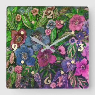 Watercolor, flower garden square wall clock