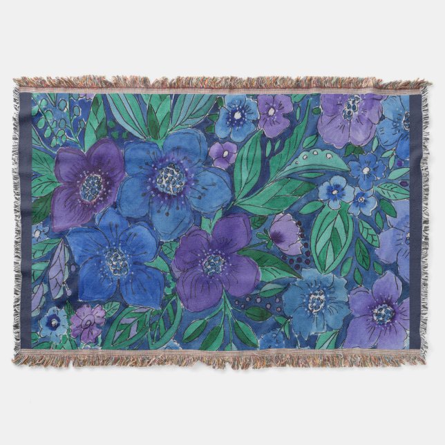 Watercolor, flower garden throw blanket (Front)